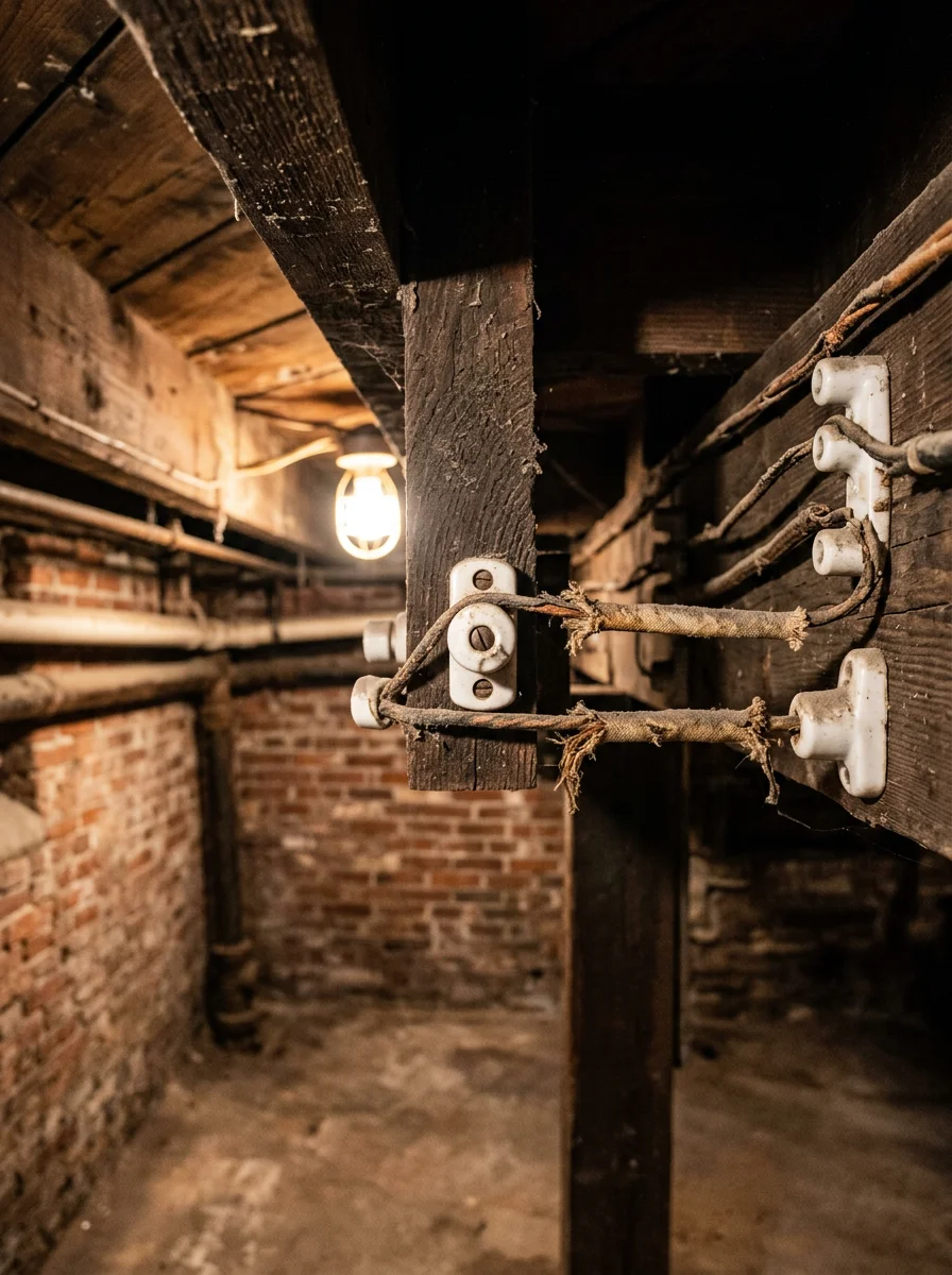 An electrician inspecting knob-and-tube wiring on basement joists in an older Paterson, NJ home, with ceramic knobs and original cloth-wrapped conductors visible.