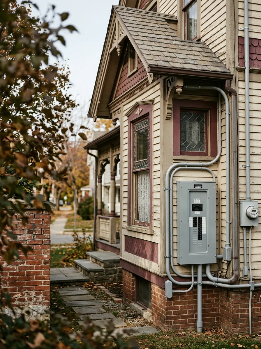 Older Victorian-era home in Newton, Sussex County with traditional exterior and updated electrical service entrance