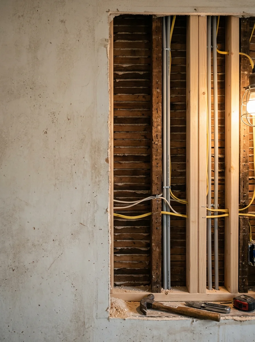 An electrician running new wiring through an open wall during a kitchen renovation in an older Union County home, with original plaster and lath visible beside the new framing.