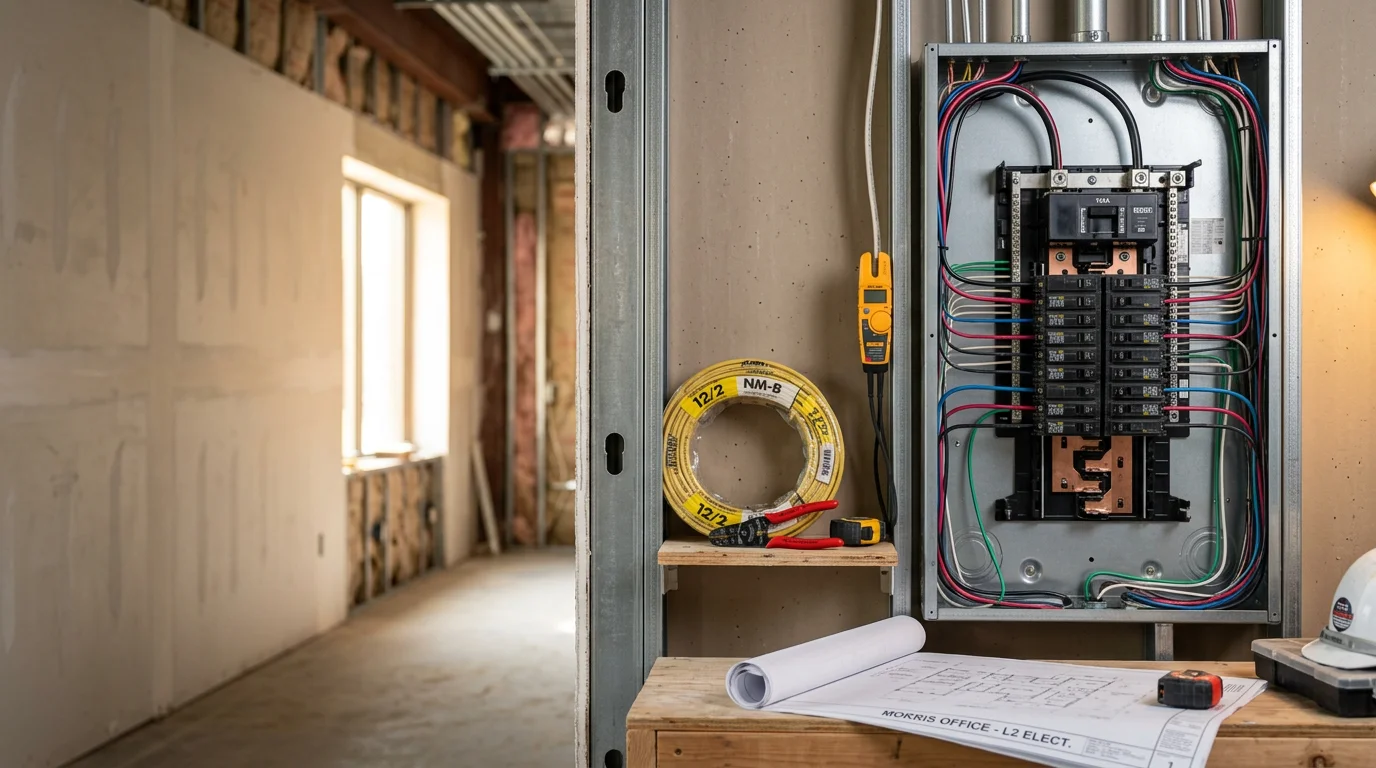 A commercial electrician from Queue Electrical Contractors installing a panel and branch circuit wiring inside a commercial office space in Morris County, New Jersey. Conduit runs and a new electrical panel are visible against a concrete block wall in an unfinished commercial interior.