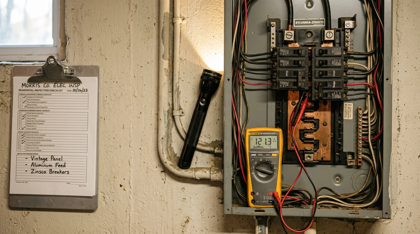 A licensed electrician from Queue Electrical Contractors inspecting a residential electrical panel in a Morris County home. The electrician examines circuit breakers and wiring connections for signs of wear or overheating.