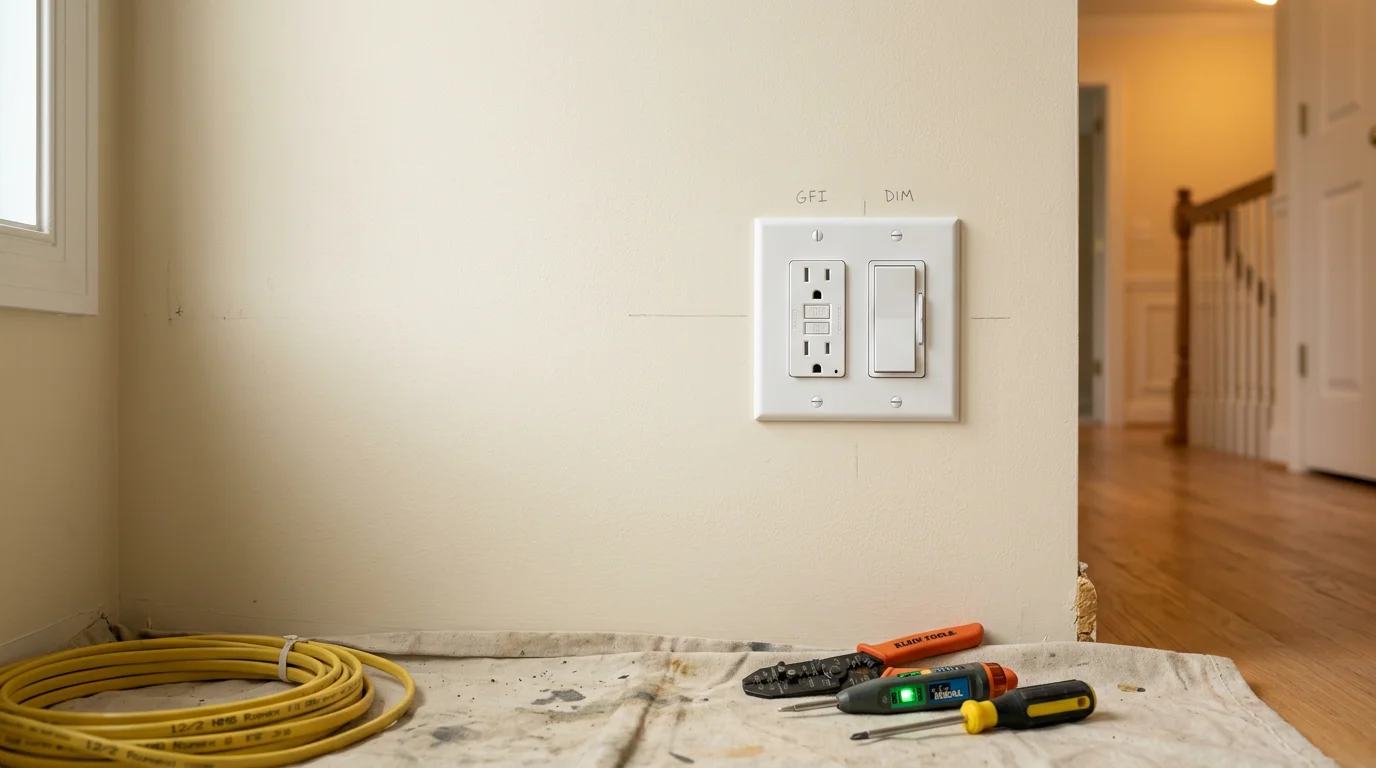 A newly installed GFCI outlet on a kitchen wall in a Morris County, NJ home. The outlet is flush-mounted with a clean white cover plate, showing a professional electrical installation.