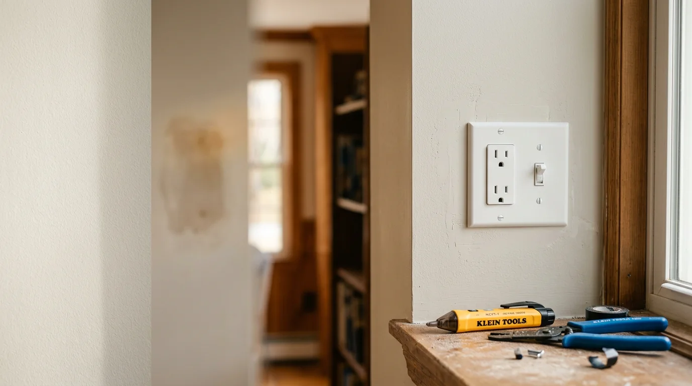An electrician relocating an electrical outlet inside a residential wall in a Morris County, NJ home, with wiring carefully routed to the new position. The finished outlet sits flush in a clean wall plate at the updated location.