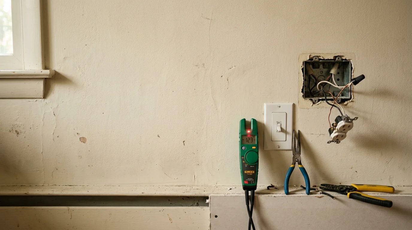 An electrician repairing a wall outlet in an older residential home in Morris County, New Jersey, with wiring visible behind the open receptacle box. The work shows a standard repair scene in the kind of mid-century housing common across Morris County and Essex County.