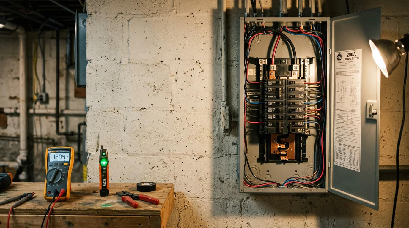 An open residential electrical panel with organized circuit breakers being inspected by an electrician in a Morris County, New Jersey home. The panel shows labeled breakers and intact wiring typical of a post-repair service visit.