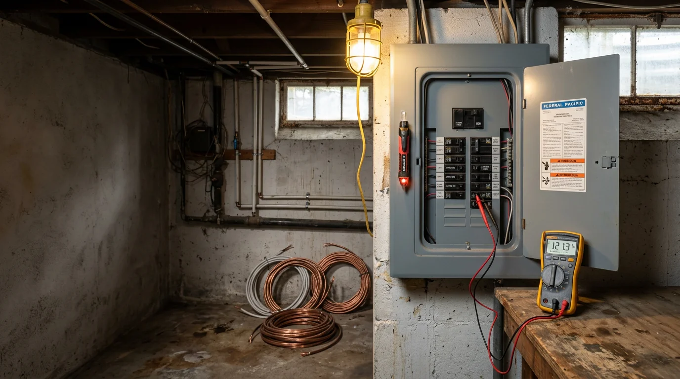 An electrician repairing a residential electrical panel inside a home in Morris County, New Jersey. The work area shows exposed wiring being inspected and corrected in an older single-family house.