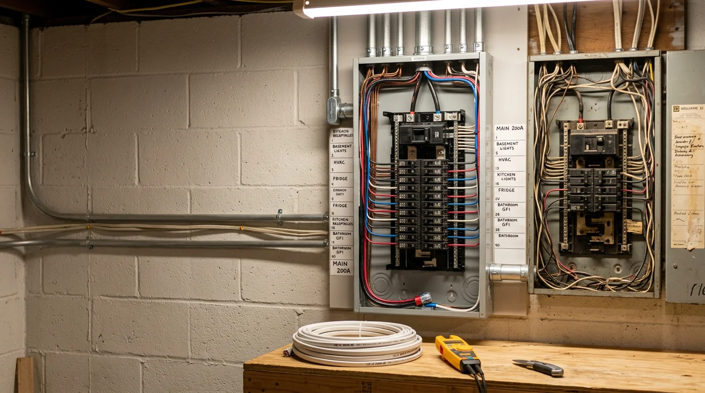A licensed electrician from Queue Electrical contractors installing a modern electrical panel in a residential home in Morris County, New Jersey. The upgraded breaker box is mounted on an interior wall with neatly organized wiring and labeled circuit breakers.