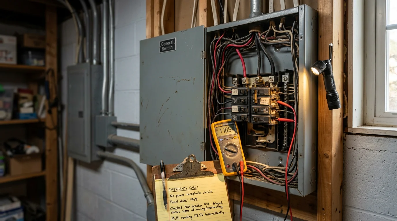 An electrician inspecting an open residential electrical panel inside a home in Morris County, NJ. The panel shows visible wiring and circuit breakers being assessed for a fault during an emergency repair call.