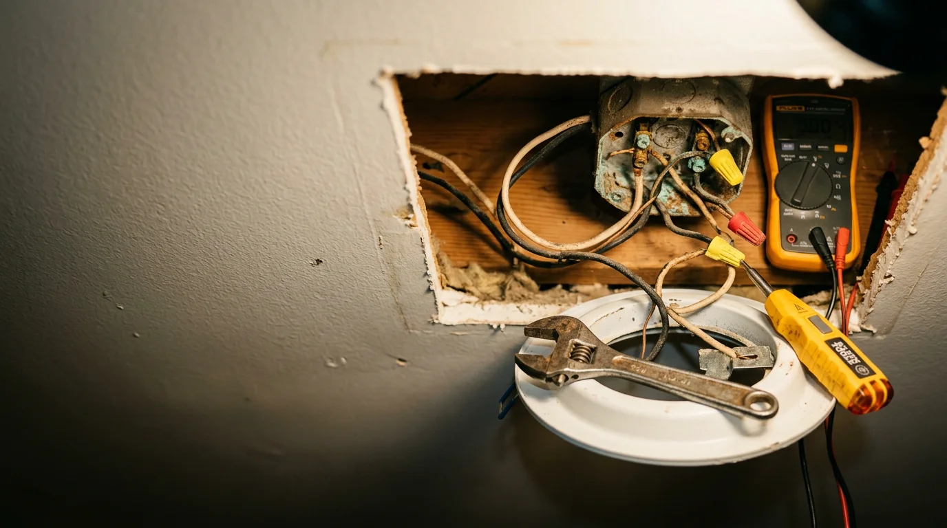 An electrician from Queue Electrical Contractors inspecting the wiring connections inside a ceiling fixture junction box in a residential home in Morris County, New Jersey. The fixture is mounted on a standard ceiling with the canopy removed to expose the wire connections during repair.