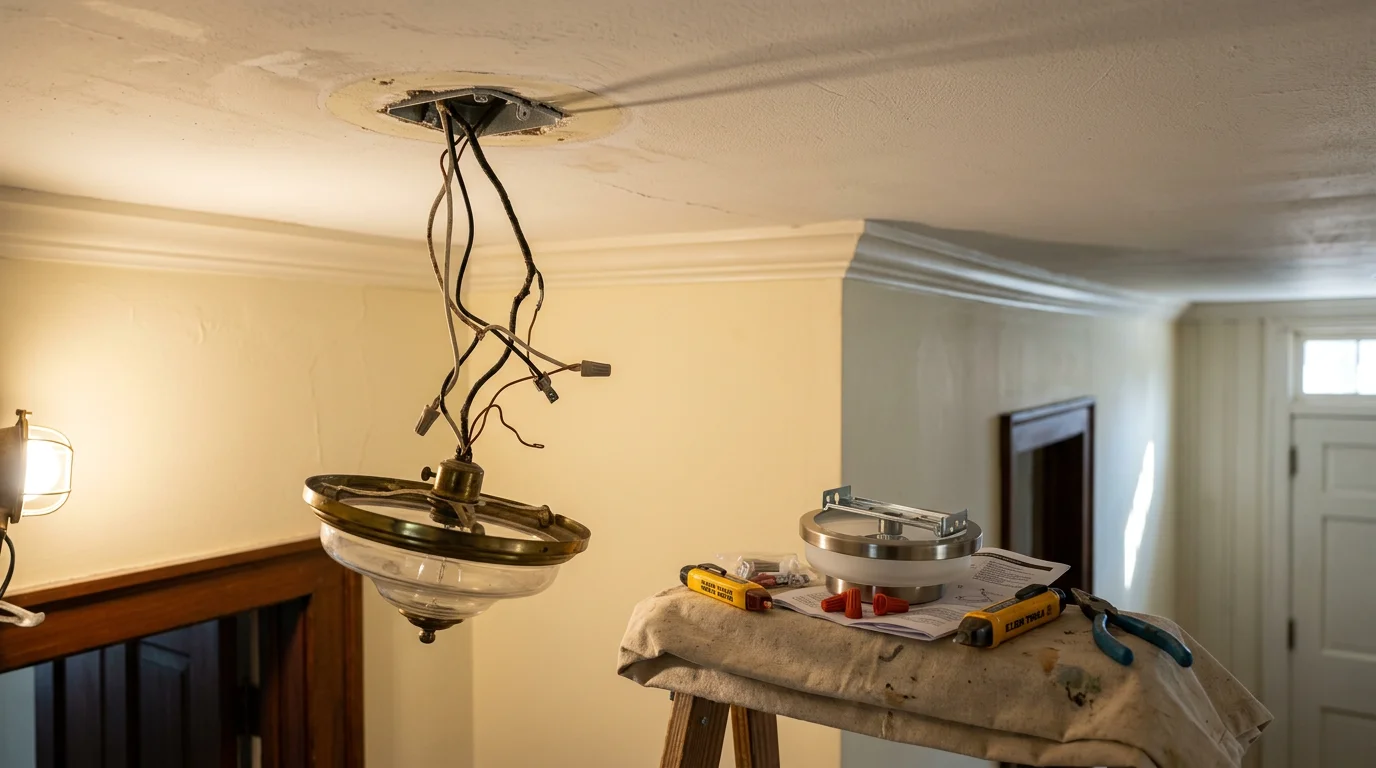 A licensed electrician from Queue Electrical Contractors installing a new ceiling light fixture in a residential home in Morris County, New Jersey. The old fixture has been removed and the electrician is securing the new unit to the ceiling junction box.