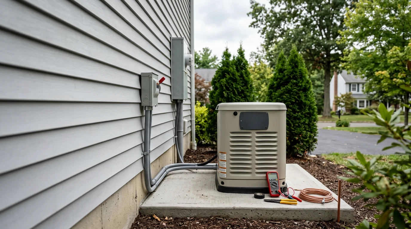 A licensed electrician connecting a standby generator to a residential electrical panel at a single-family home in Morris County, New Jersey. The generator is mounted on a concrete pad beside the house with wiring running to the main service entrance.