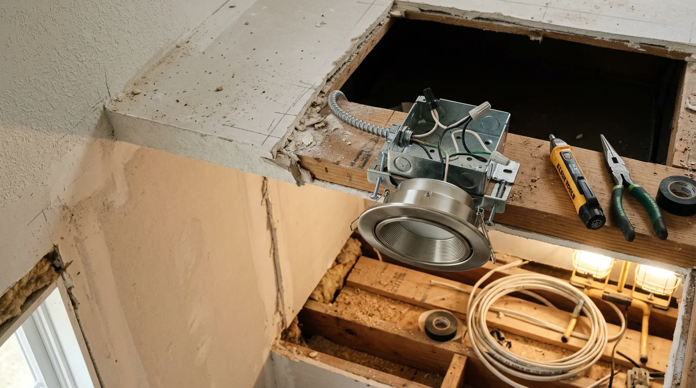 A newly installed ceiling light fixture in a residential room in Morris County, New Jersey. An electrician from Queue Electrical secures the fixture mounting bracket to a junction box in a finished ceiling.