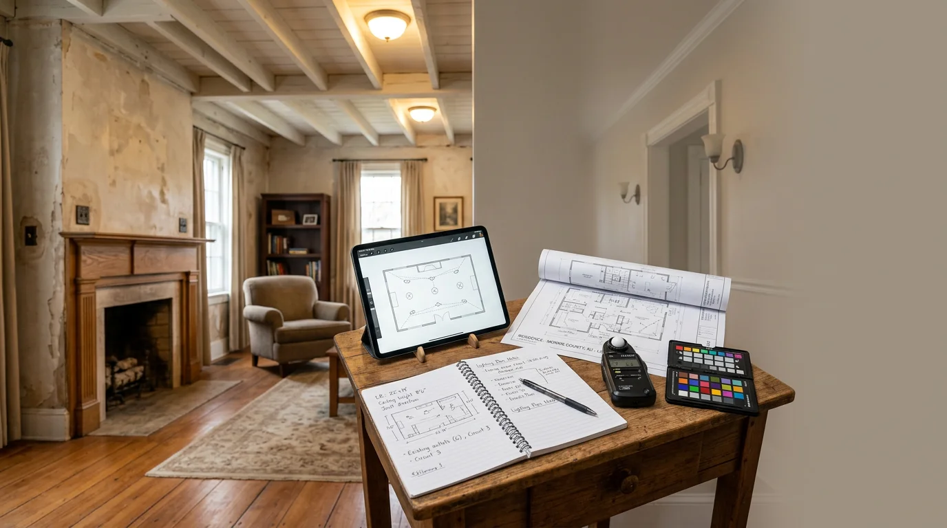 An electrician reviewing a lighting plan with a homeowner in a residential living room in Morris County, New Jersey. The room shows existing ceiling fixtures and open areas being assessed for improved lighting placement.