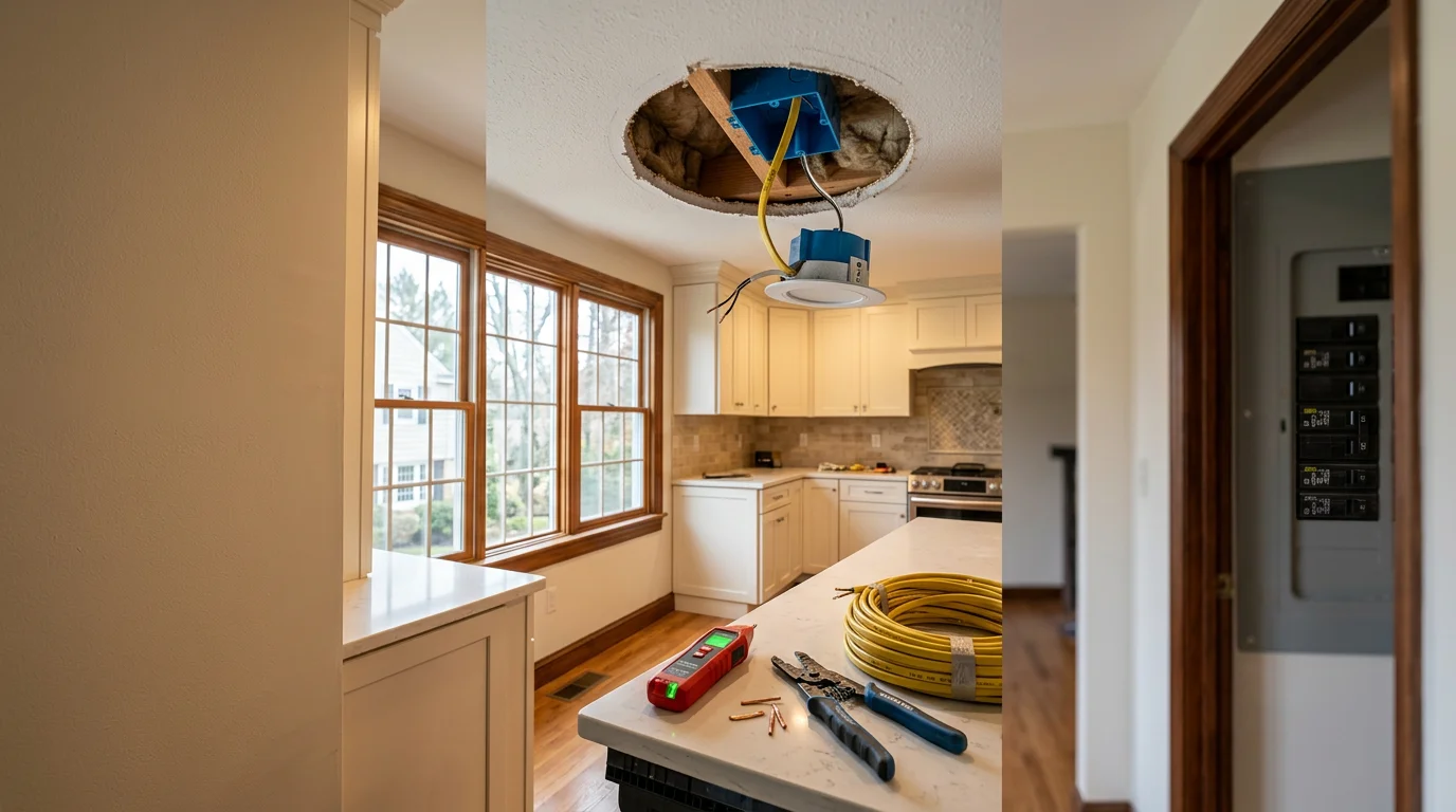 A licensed electrician installing recessed ceiling lights in a residential kitchen in Morris County, New Jersey. Finished fixtures are evenly spaced across the ceiling with visible clean wiring work.