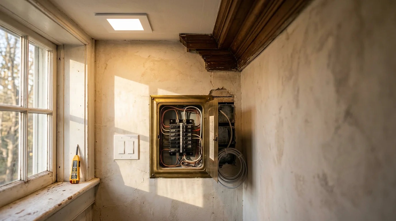 An electrician from Queue Electrical upgrading interior light fixtures in a residential home in Morris County, New Jersey. The updated lighting illuminates a living space with modern, evenly distributed light replacing older, dimmer fixtures.