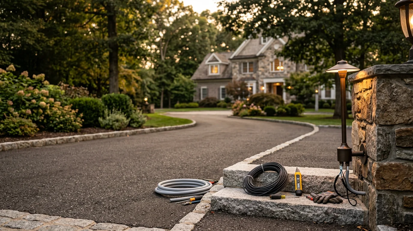 Outdoor lighting fixtures installed along a residential walkway and driveway at a home in Morris County, New Jersey. The fixtures illuminate the path from the street to the front entry after dark.