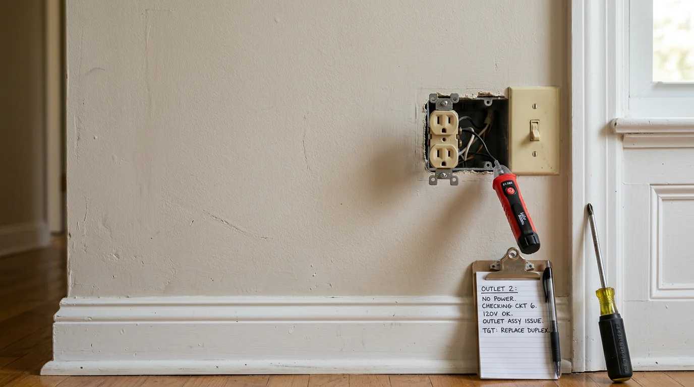 An electrician repairing a wall outlet in a residential home in Morris County, New Jersey, with the cover plate removed and wiring visible inside the electrical box.