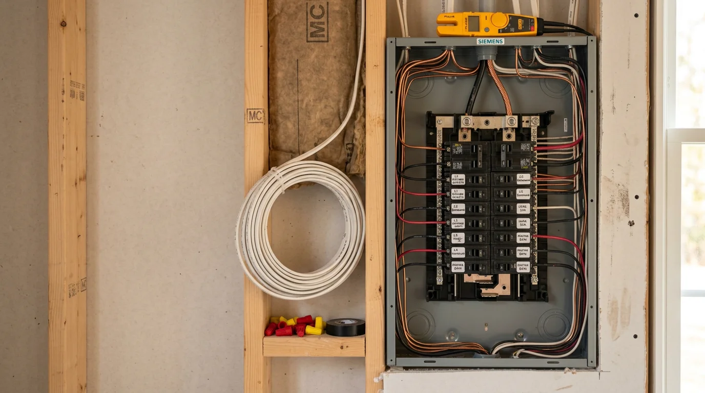 An electrician installing new wiring and outlet boxes inside a residential home in Morris County, New Jersey. The work area shows open walls with properly routed electrical cables ready for panel connection.