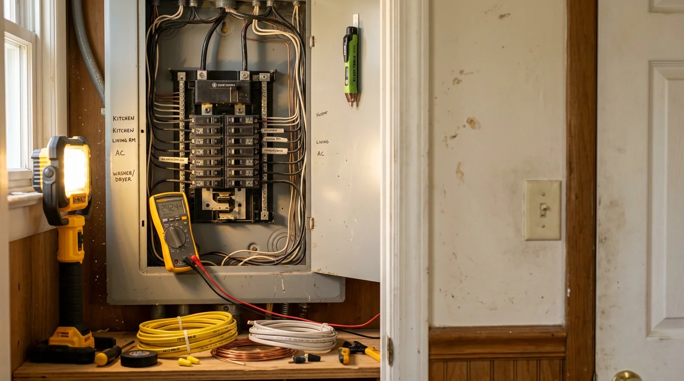 An electrician repairing damaged residential wiring inside a wall in a Morris County, New Jersey home. Exposed wiring connections are visible as the technician works to restore safe electrical function.